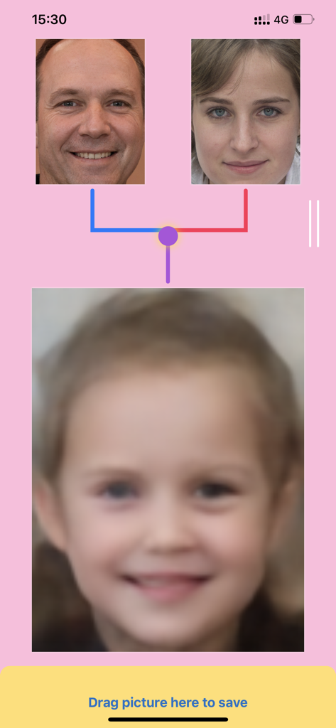 baby predictor: AI Generator - Interface of the baby predictor app showing photos of two parents and an AI generated baby face result