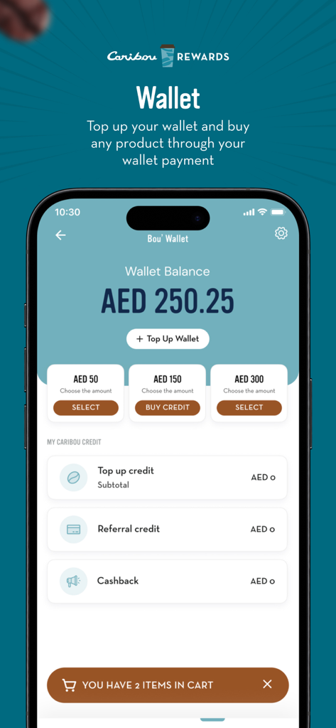Caribou Rewards - Interfaz de la billetera de la aplicación Caribou Rewards que muestra el saldo y las opciones de recarga
