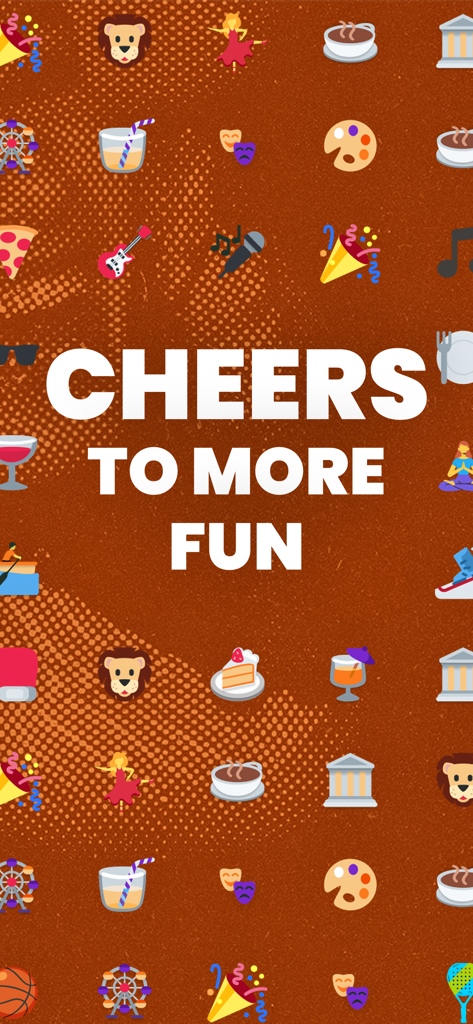 Amigos - Meet fun people - 音楽、飲み物、スポーツなどのさまざまなアクティビティアイコンに囲まれ、「Cheers to more fun」というテキストが表示されたAmigosアプリのソーシャル画面。