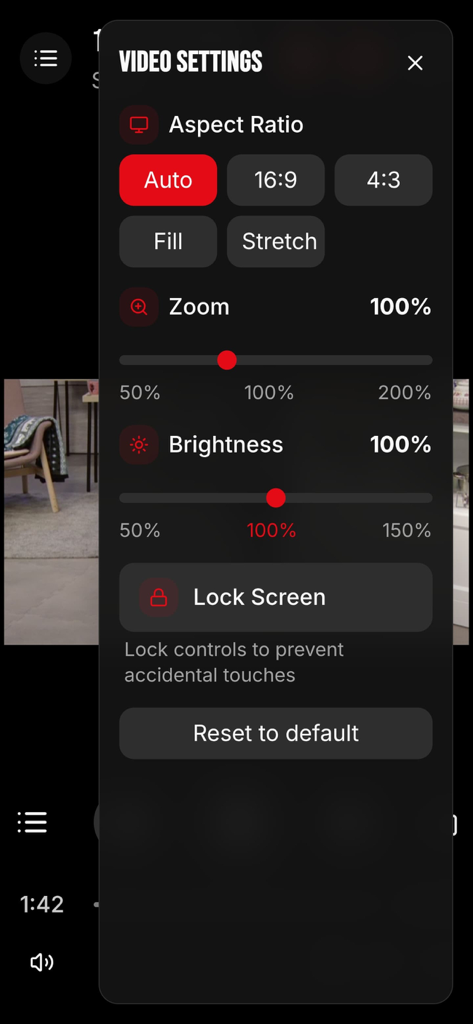 StreamFlix IPTV - Menu delle impostazioni video nell'app StreamFlix IPTV che mostra zoom del rapporto d'aspetto e controlli di luminosità