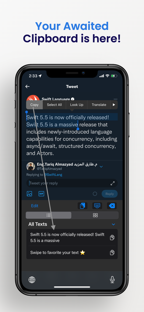 Captura de pantalla del iPhone mostrando texto copiándose de un tweet y guardándose en el historial de la aplicación Clipboard.