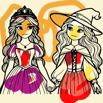 a princess and a witch holding hands realistic