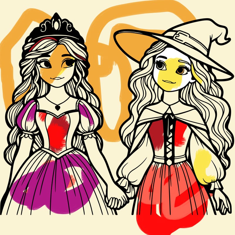 a princess and a witch holding hands realistic