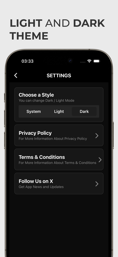 Schermata delle impostazioni dell'app Calcolatore KVA che mostra le opzioni di selezione della modalità scura e chiara