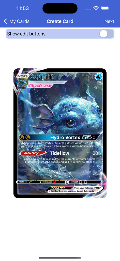 PokeCards TCG Card Maker Live - Custom creation of a VMAX water type trading card named Aquarift in the PokeCards TCG Card Maker Live app