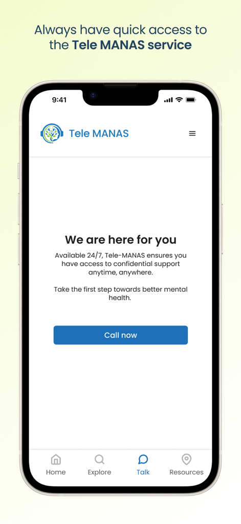 Tele MANAS - Tele MANAS app home screen offering 24/7 confidential mental health support with a Call Now button.
