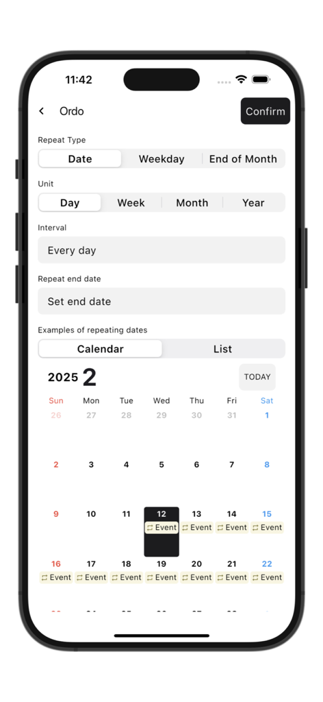 Interface of Ordo calendar app showing settings for repeating events and a monthly schedule view.