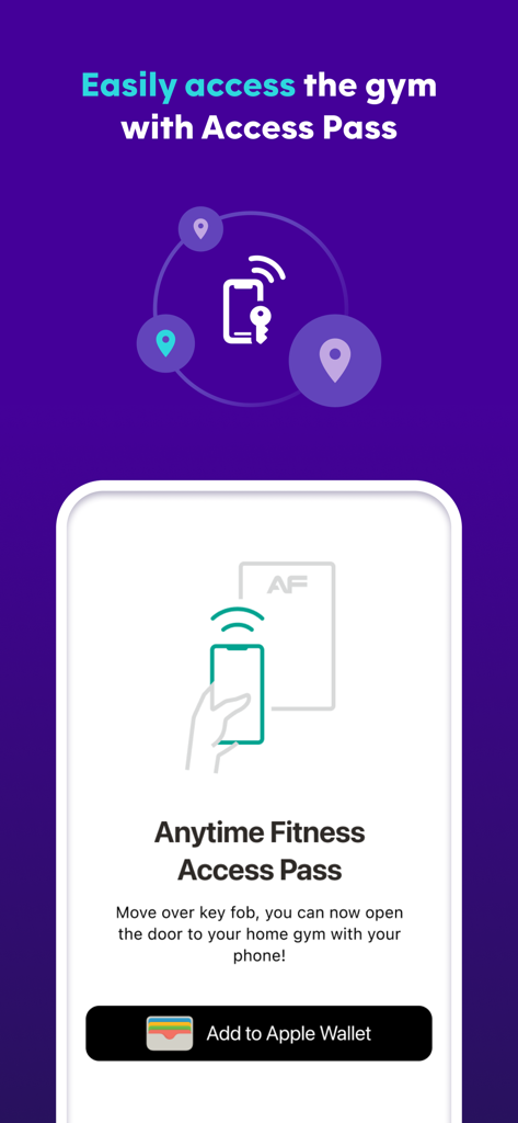 AF App - Anytime Fitness App-Bildschirm, der die digitale Access Pass-Funktion für schlüssellosen Einlass ins Studio per Smartphone anzeigt.