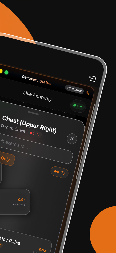 Built Workout - Built Workoutモバイルアプリインターフェース。胸筋トレーニングのライブ解剖学と筋肉回復追跡を表示