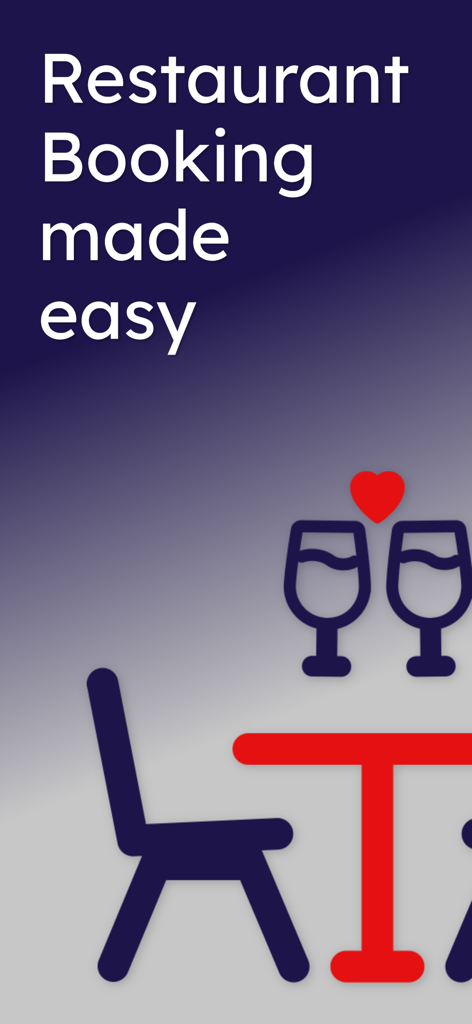 Pantalla de la aplicación Plannera con el texto "Restaurant Booking made easy" (Reserva de Restaurante facilitada) e iconos de copas de vino y una mesa de comedor