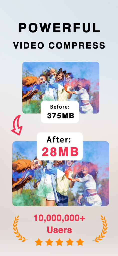 Comparison showing video file size reduced from 375MB to 28MB with high quality preservation