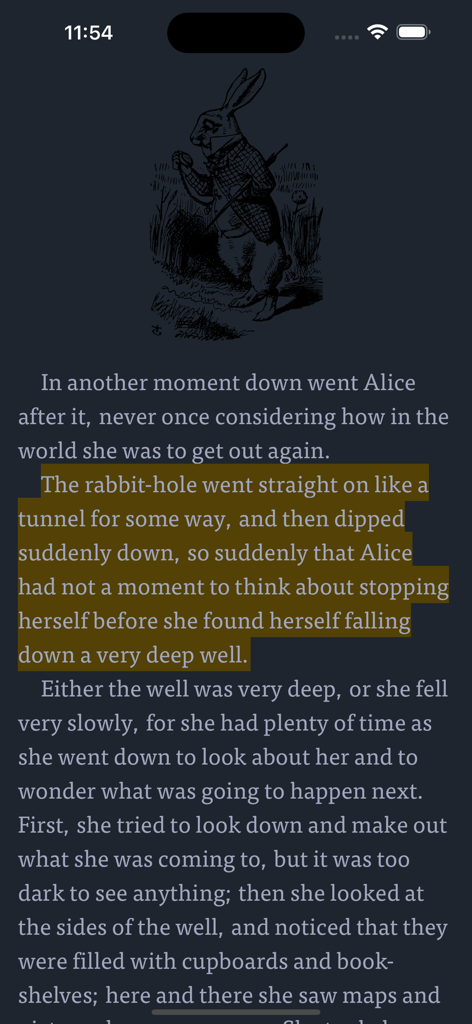 CHMate+: EPUB & CHM Reader - Reading interface of CHMate plus with highlighted text and a classic book illustration