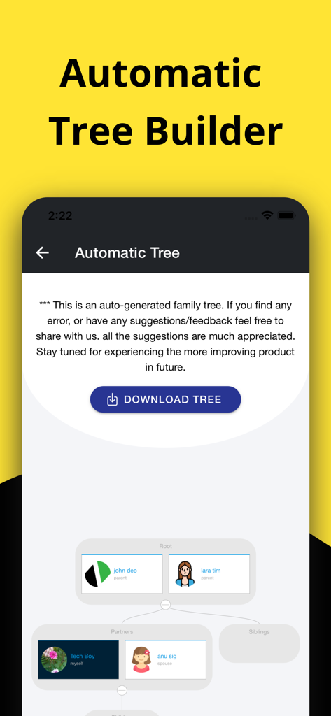 ClansRoot - Family Tree Maker - A mobile app screen showing the automatic family tree builder feature with a download tree button and visual genealogy chart