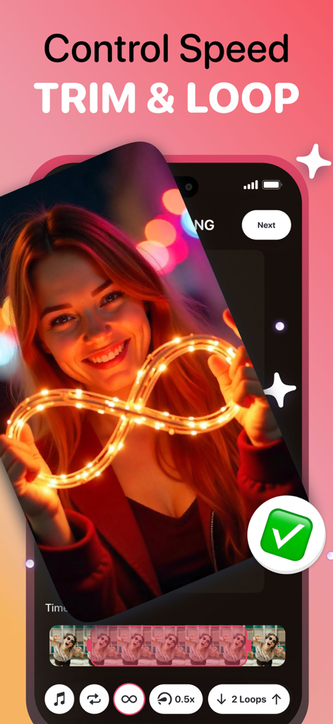 Boomerang - Video Loop Maker - Tela do aplicativo Boomerang mostrando recursos de corte e loop com opções de controle de velocidade