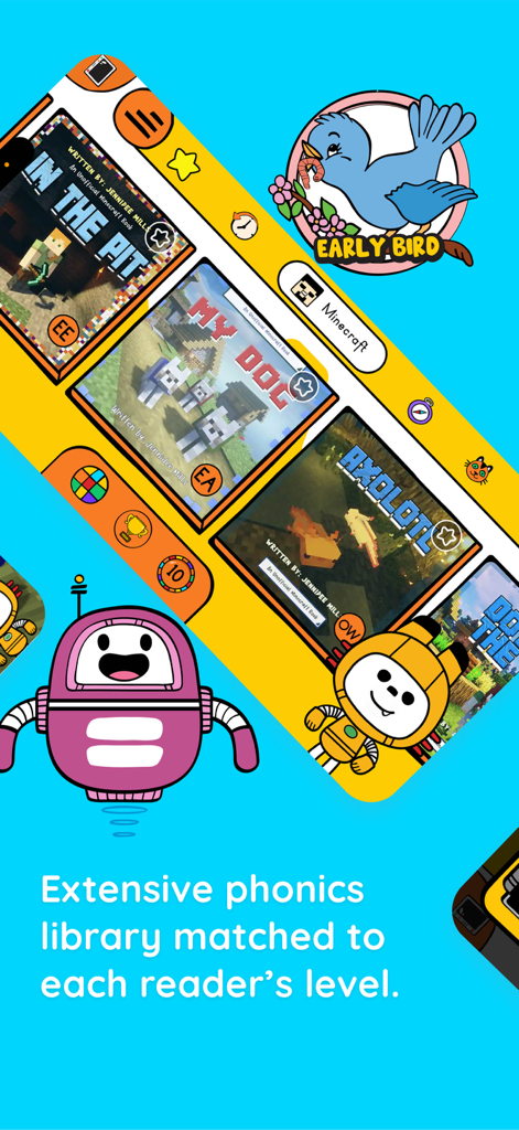 Screenshot of the Bookbot app showing a digital library of phonics books with various reading levels and colorful robot characters.