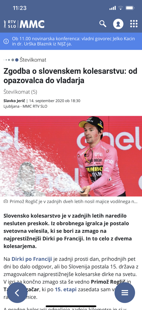Un article d'actualité sur le cyclisme slovène sur l'application mobile RTV SLO présentant le cycliste Primož Roglič.