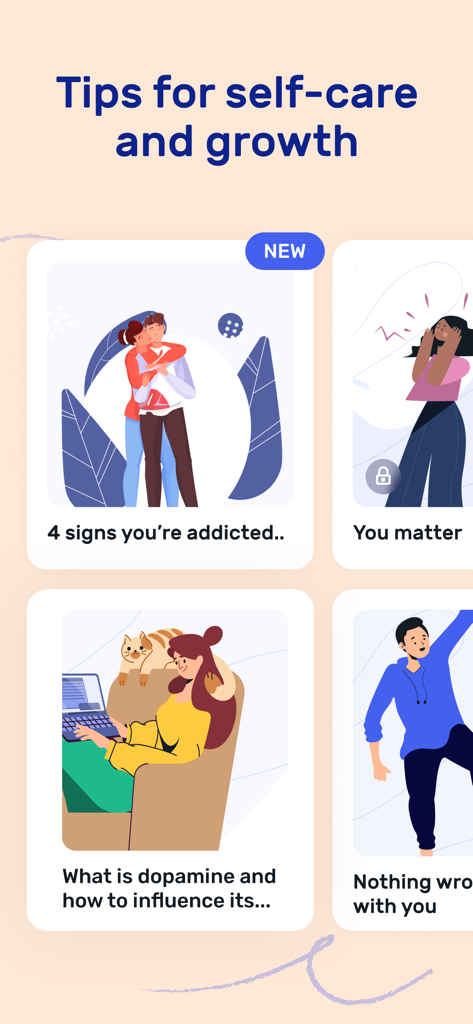 Thera AI Mental Health Journal - Thera app screen displaying educational cards with tips for self care and mental growth