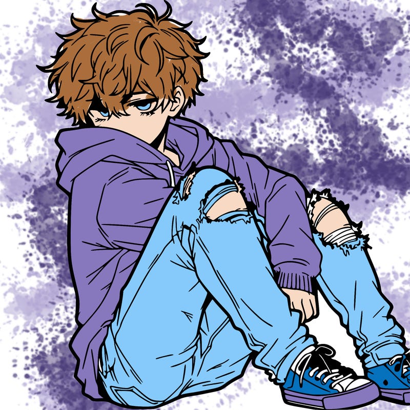a male hoddie ripped jeans messy hair anime