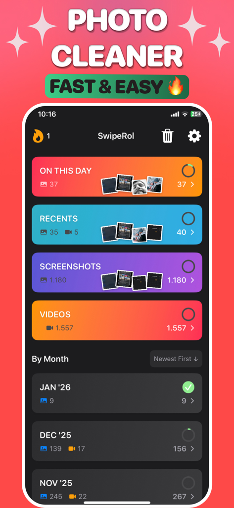 Clean out camera roll-SwipeRol - Dashboard of the SwipeRol app displaying photo categories like screenshots and videos for easy organization and deletion