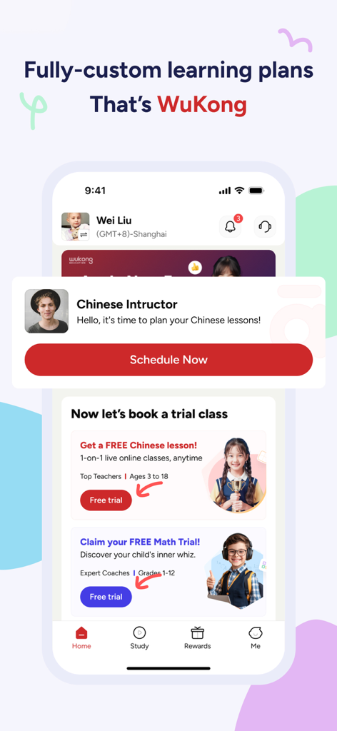 WuKong: Chinese, Math & ELA - WuKong app interface showing custom learning plans and options to book free Chinese and Math trial classes