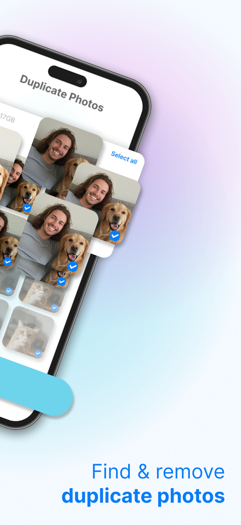CleanBot AI: Storage Cleaner - Interfaz de la app CleanBot AI mostrando fotos similares seleccionadas para su eliminación y ahorro de almacenamiento