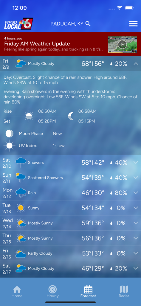 WPSD Radar app interface showing a 10 day weather forecast for Paducah Kentucky.
