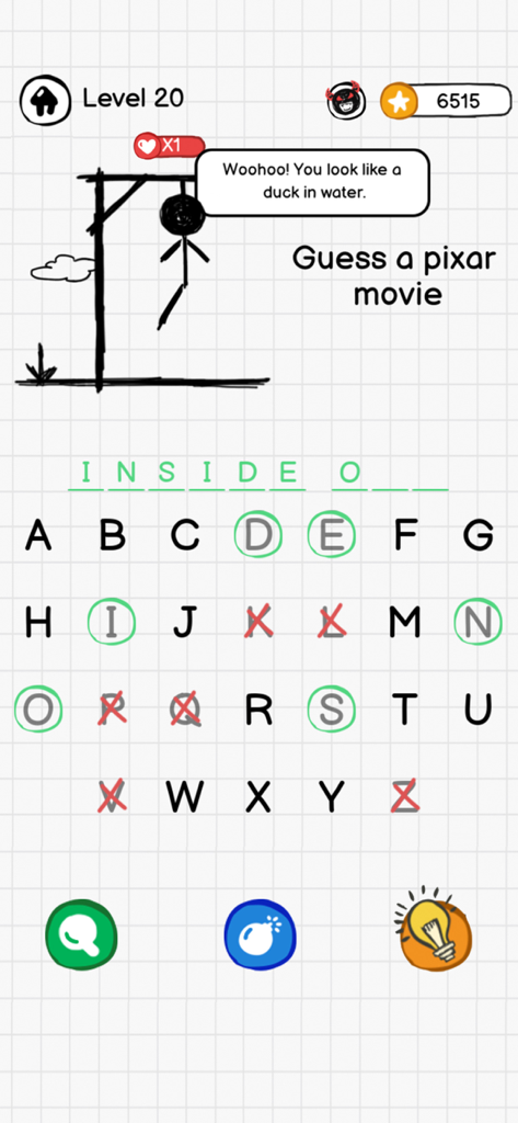A screenshot of the Hangman Words mobile game showing a Pixar movie category word puzzle on a grid background.