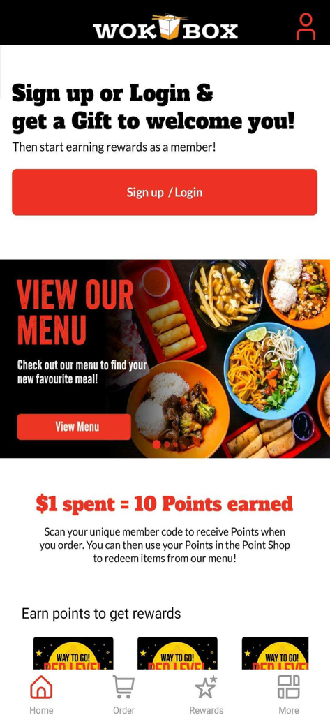 Wok Box® Canada - Écran d'accueil de l'application Wok Box Canada présentant les récompenses de fidélité et les options du menu