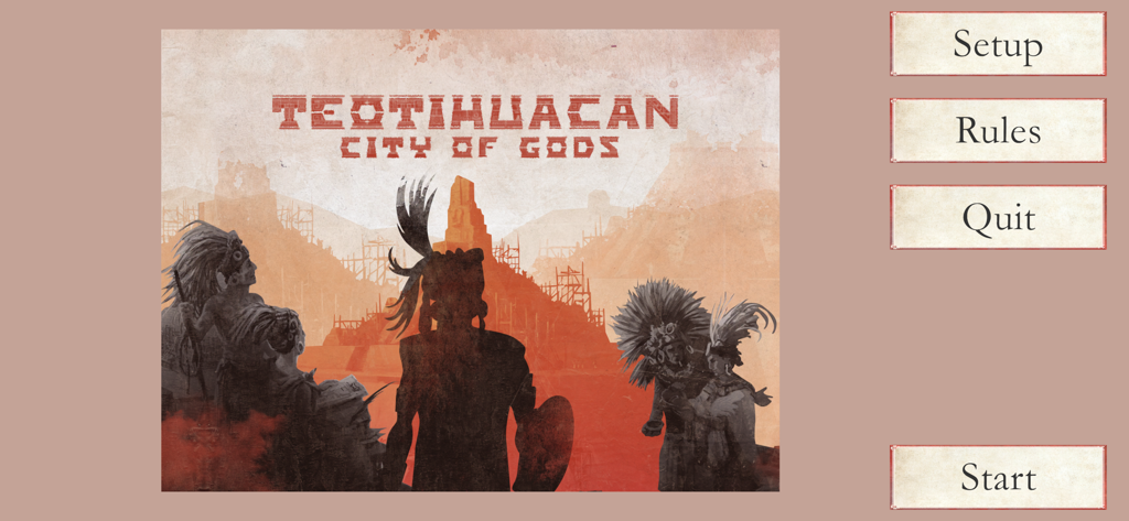 Teotihuacan - The board game - Pantalla del menú principal del juego de mesa digital Teotihuacan Ciudad de los Dioses mostrando opciones de inicio y reglas