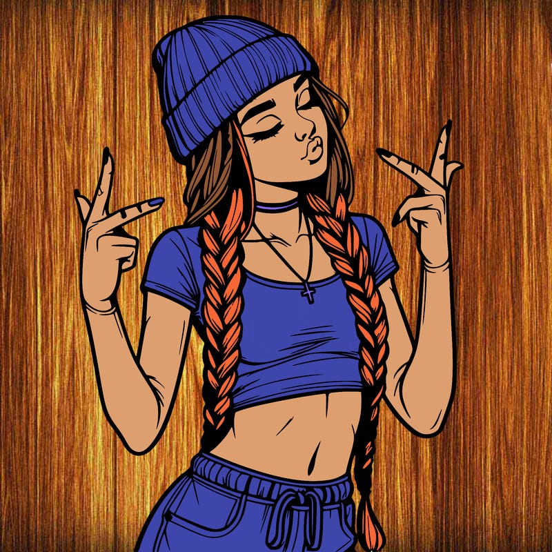 realistic teenage girl with braids and a beanie and crop top doing 🫶🏼