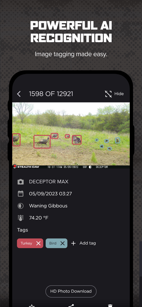 Command Pro app screen displaying AI recognition tagging wild turkeys and birds on a trail camera photo with environmental data