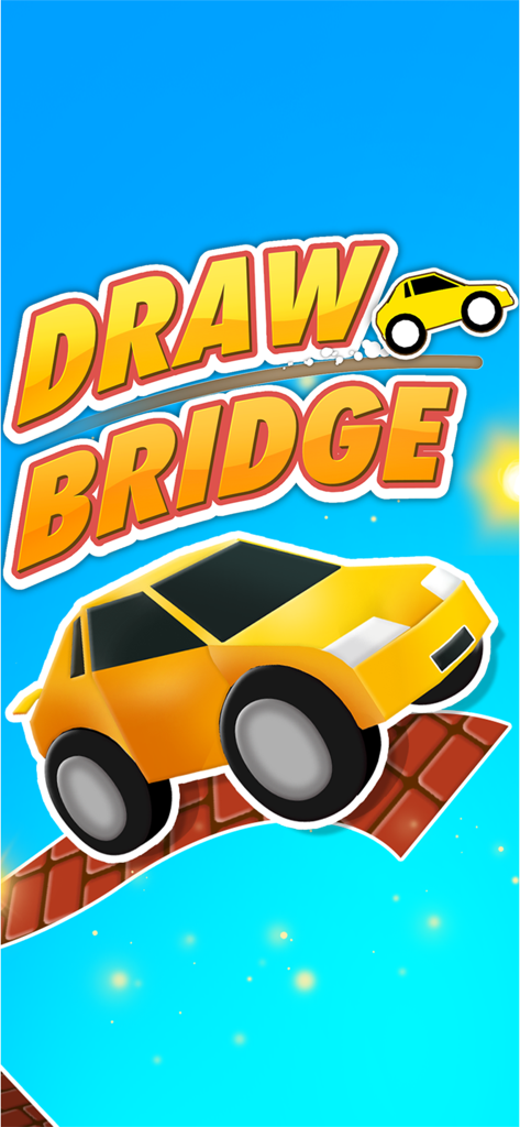 Draw Bridge - Puzzle Game - Un coche de dibujos animados amarillo conduciendo sobre un puente de ladrillos en el juego de puzles Draw Bridge