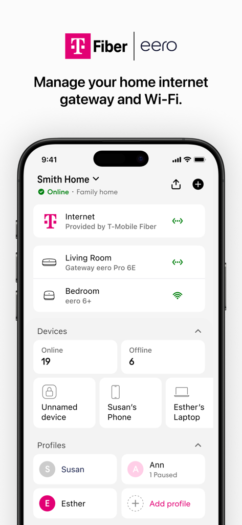 T-Mobile Fiber: eero - T-Mobile Fiber eeroアプリのダッシュボード。ホームネットワークのステータスと接続されているデバイスが表示されます。