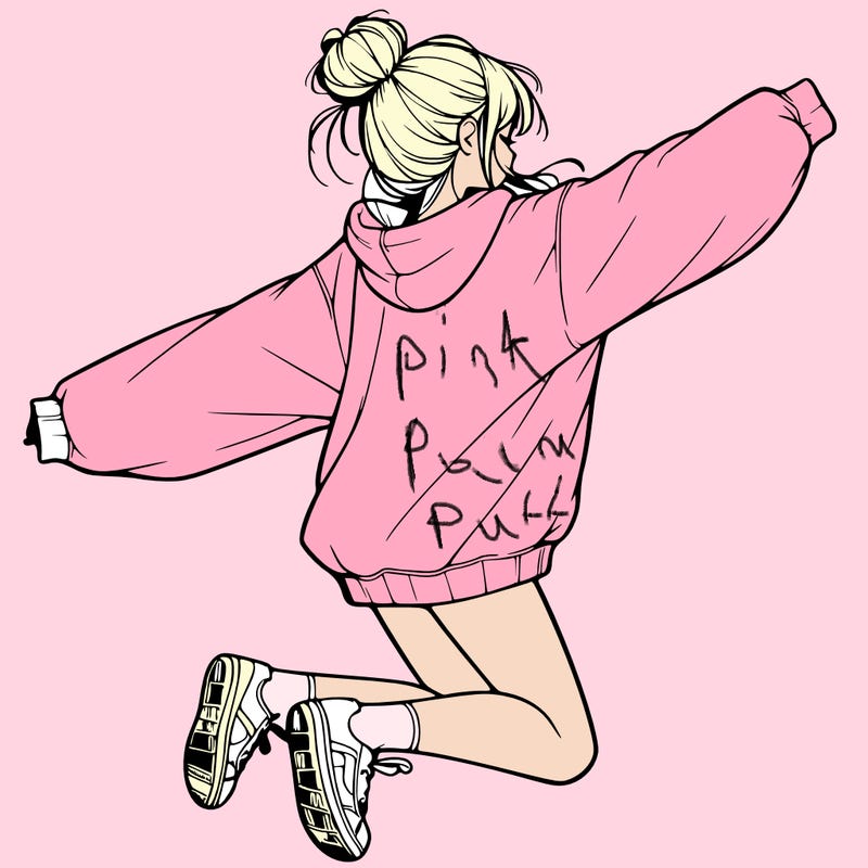 realistic girl jumping with a bun and oversized sweatshirt