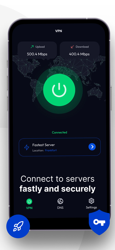 VPN 111 app dashboard showing successful connection with high speed metrics and Frankfurt server location