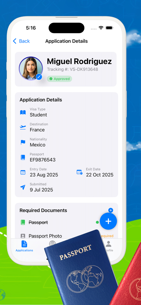 VisaFlow mobile app screen showing student visa application details for France with approved status.