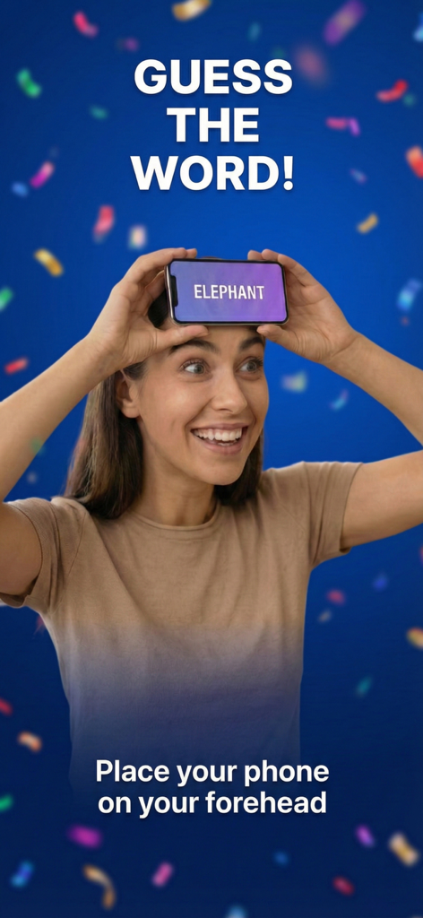 A smiling woman playing a charades game holding a smartphone with the word elephant on her forehead