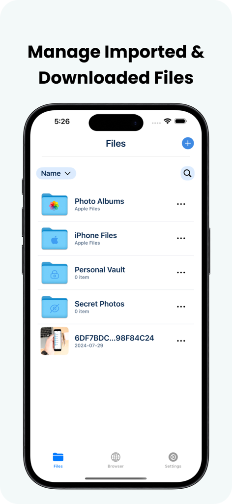 IDM: Internet Download Manager - iPhone screen showing the file management section of the IDM Internet Download Manager app with folders for photos and downloads