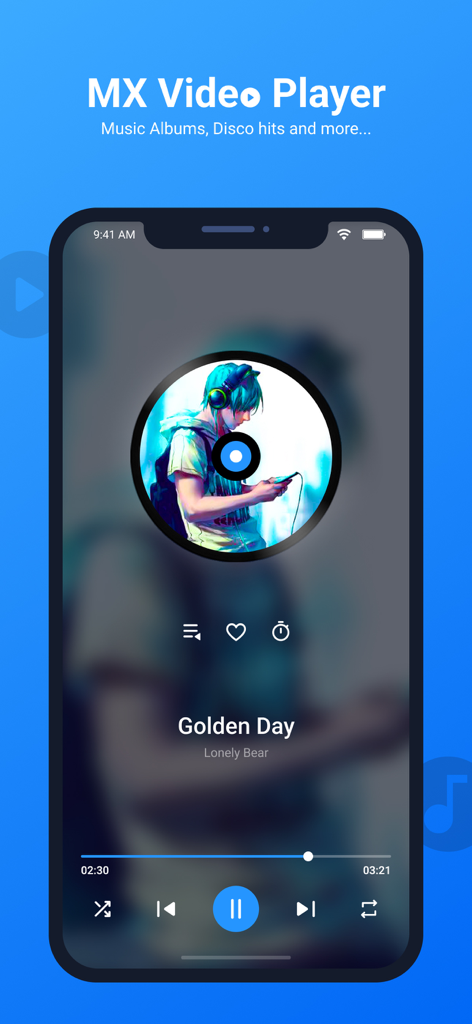 Interfaz de MX Player mostrando una pantalla de reproducción de música con carátula del álbum, título de la canción Golden Day y controles de reproducción.