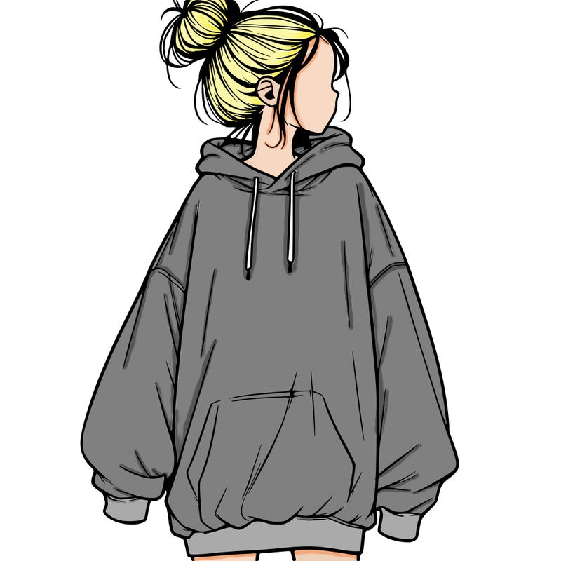 realistic girl with a oversized sweatshirt on and a bun