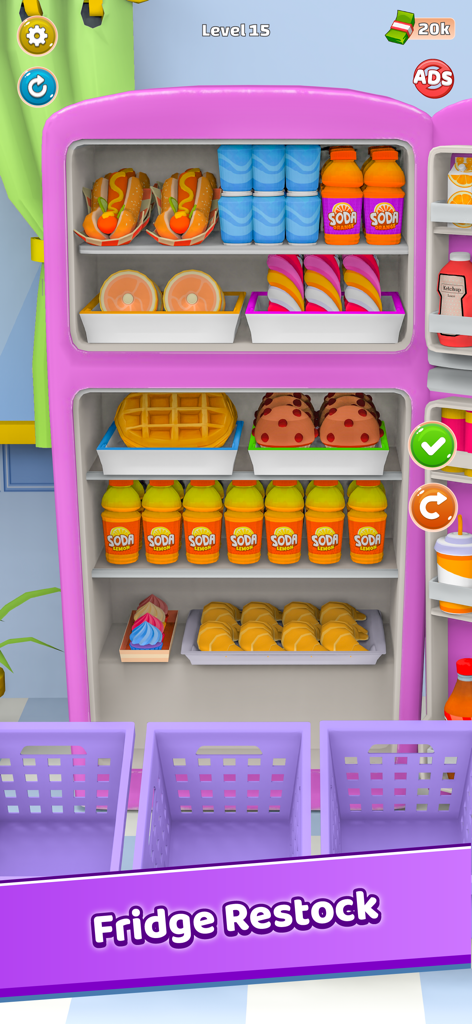 Stock the Fridge - Room Legend - A pink refrigerator neatly organized with food and drinks in the Stock the Fridge mobile game