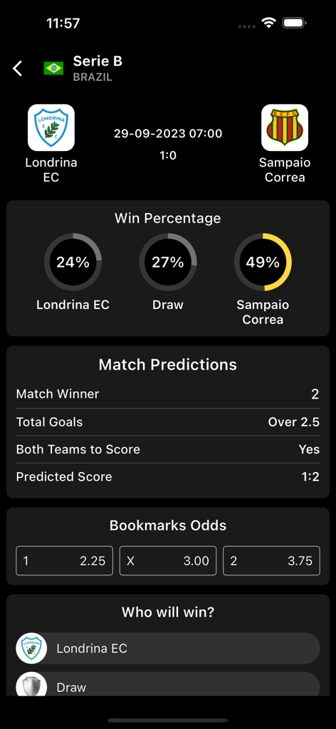 Football Betting Odds & Tips - サッカーの試合の勝率、試合予想、ベッティングオッズが表示されたモバイルアプリの画面。