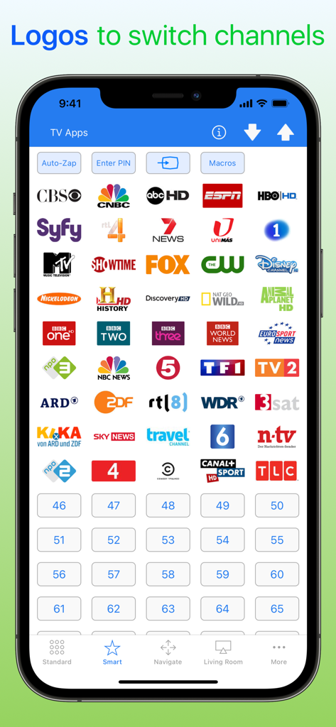 A smartphone screen showing the myTifi app interface with a visual grid of TV channel logos for quick channel switching