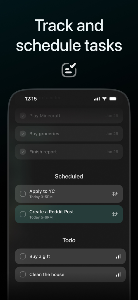 Exoplan: energy-aware calendar - Interface of the Exoplan app showing a list of completed tasks, scheduled time blocks, and upcoming to-do items.