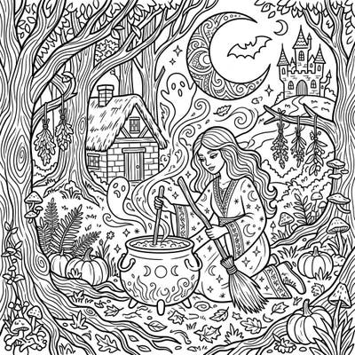 Dive into the magical world of a Hedge Witch as she prepares her mystical brew under the Halloween moon. This intricate coloring page invites you to explore an enchanted forest filled with spooky delights and ancient wisdom.
