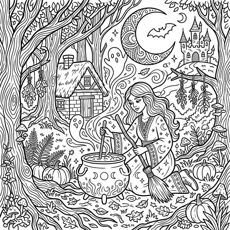 Dive into the magical world of a Hedge Witch as she prepares her mystical brew under the Halloween moon. This intricate coloring page invites you to explore an enchanted forest filled with spooky delights and ancient wisdom.
