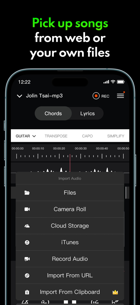 Chord it - Tune & Play Guitar - Chord it app interface showing various ways to import audio files for AI chord detection including cloud storage and URLs