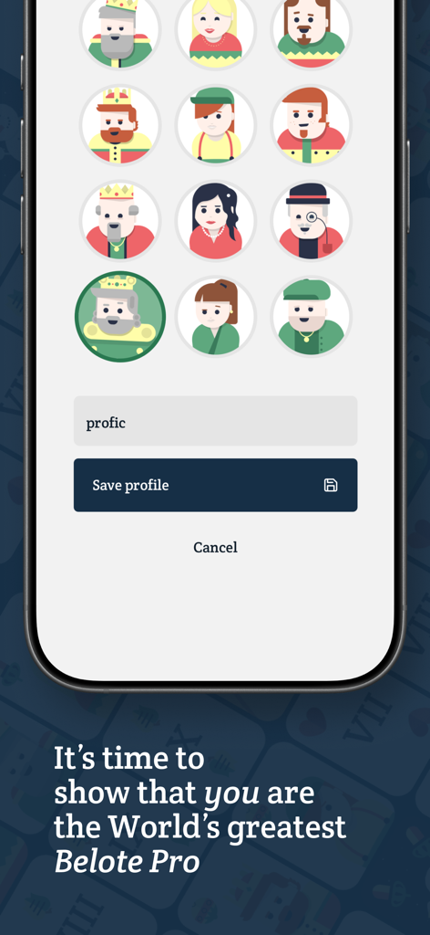 Bela Online - Belote & Friends - Pantalla de creación de perfil en la aplicación Bela Online mostrando una cuadrícula de avatares de personajes de dibujos animados y un botón de guardar.