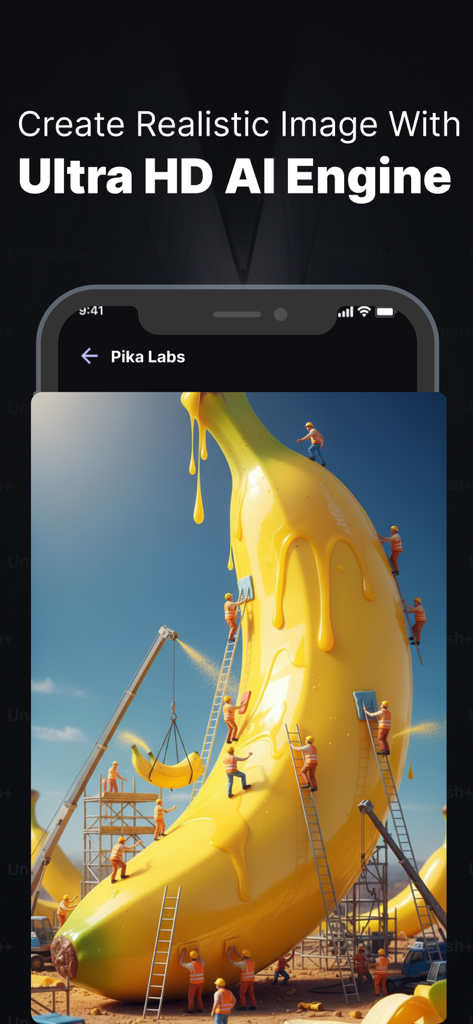 A surreal AI generated image of tiny construction workers on a giant banana shown on a smartphone screen