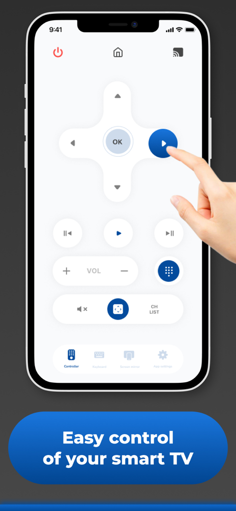 TV remote for Samsung - App - 簡単なコントロールボタンを示すiPhone上のSamsung TVリモコンアプリインターフェース
